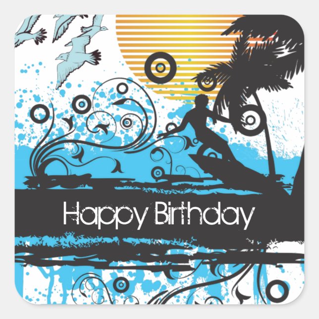 Grunge Surfing Tropical Beach Happy Birthday Square Sticker (Front)