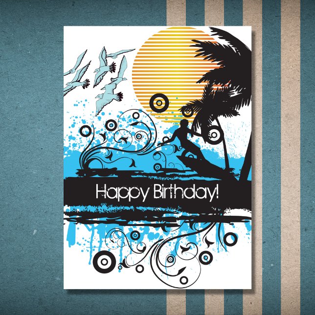 Grunge Surfing Tropical Beach Surfer Birthday Card (Creator Uploaded)