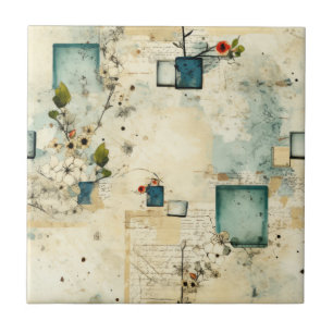 Grunge Teal Botanical Frame Parchment Scrapbook Ceramic Tile