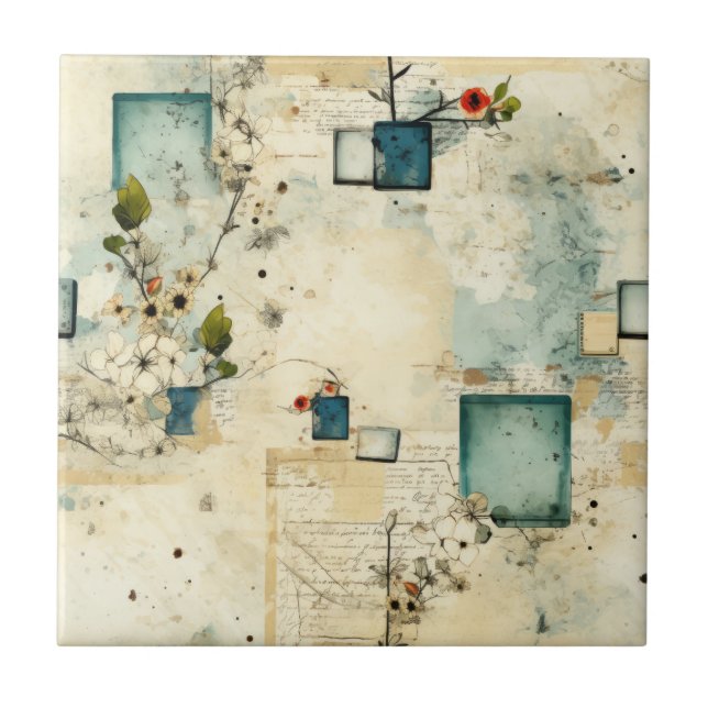 Grunge Teal Botanical Frame Parchment Scrapbook Ceramic Tile (Front)