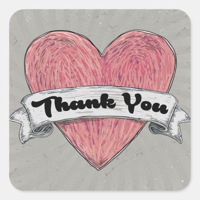 Grunge Thank You Red & Grey Heart Stickers / Seals (Front)