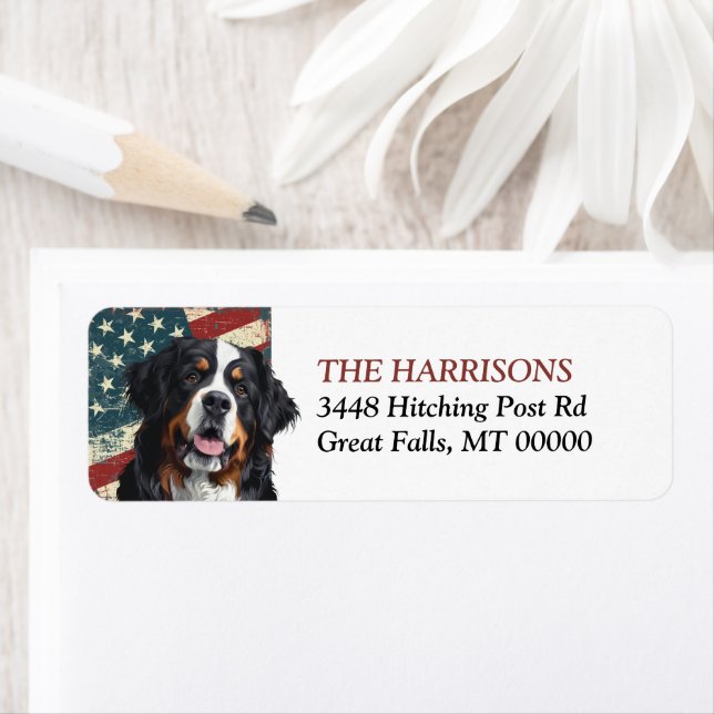 Grunge USA Flag Bernese Mtn Dog Return Address Label (Insitu)
