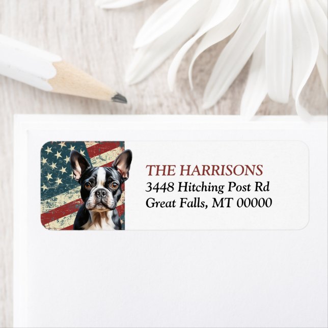Grunge USA Flag Boston Terrier Return Address Label (Insitu)