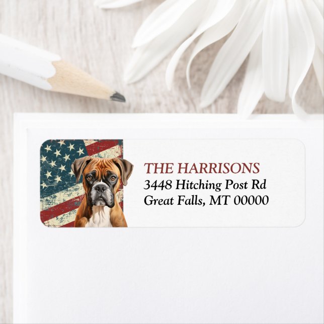 Grunge USA Flag Boxer Dog Return Address Label (Insitu)