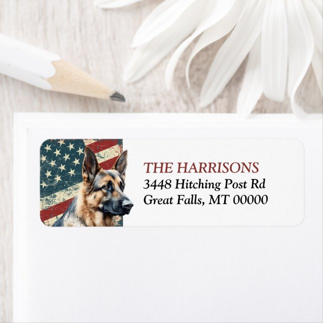 Grunge USA Flag German Shepherd Return Address Label (Insitu)