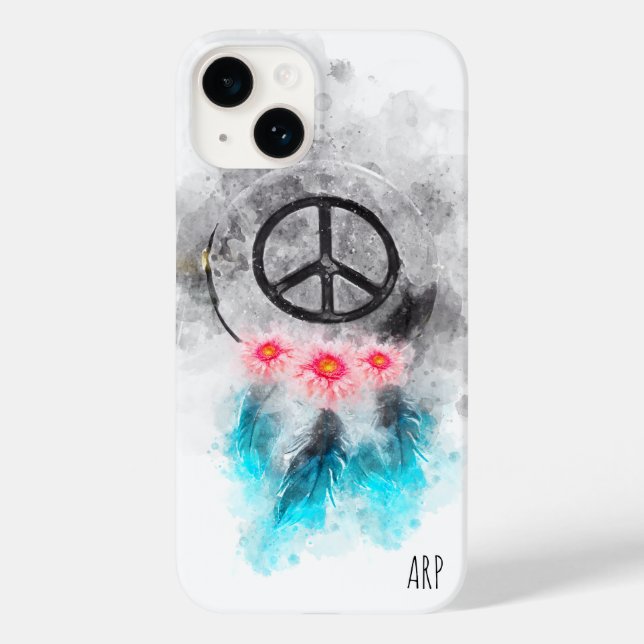*~* Grunge Watercolor Peace Sign Feathers Flowers Case-Mate iPhone Case (Back)