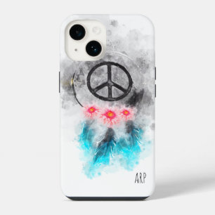 *~* Grunge Watercolor Peace Sign Feathers Flowers iPhone 14 Case