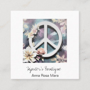 *~* Grunge White Peace Sign Flowers Boho QR AP57 Square Business Card