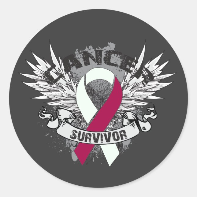 Grunge Winged Ribbon Head Neck Cancer Survivor Classic Round Sticker (Front)