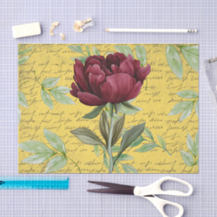 Grunge yellow background Burgundy Peony decoupage Tissue Paper