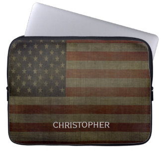 Grungy American Flag with Linen Finish and Name Laptop Sleeve