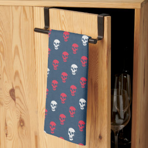 Grungy Anatomical Skull Polkadots red blue white Tea Towel