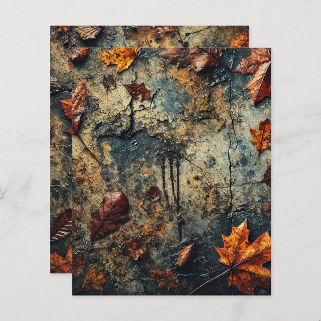 Grungy Autumnal Leafy Concrete Scrapbook Paper (Front/Back)