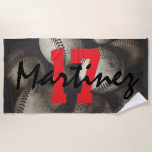Grungy Baseballs on a Shelf Jersey Number & Name Beach Towel