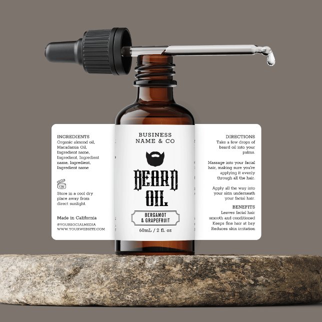 Grungy Beard Oil Label Mens Skincare Packaging (Modern beard oil men skincare product label with ingredients - can suit 2 OZ bottles *verify size)