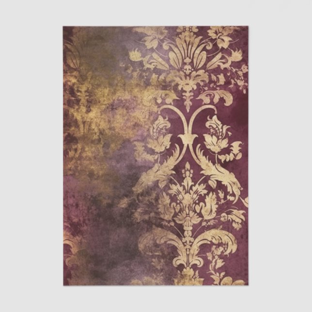 Grungy Burgundy Wine and Gold Damask Pattern Tissue Paper (Front)