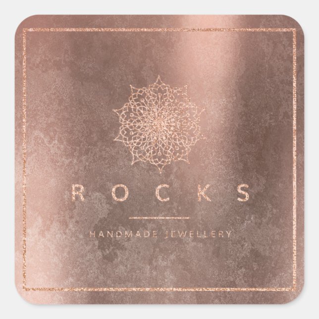 Grungy Cooper Pink Rose Gold Mandala Rocks Square Sticker (Front)