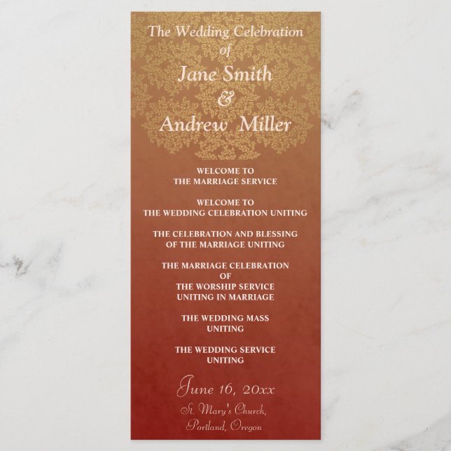 Grungy Damask pattern Wedding Programs - Red (Front)