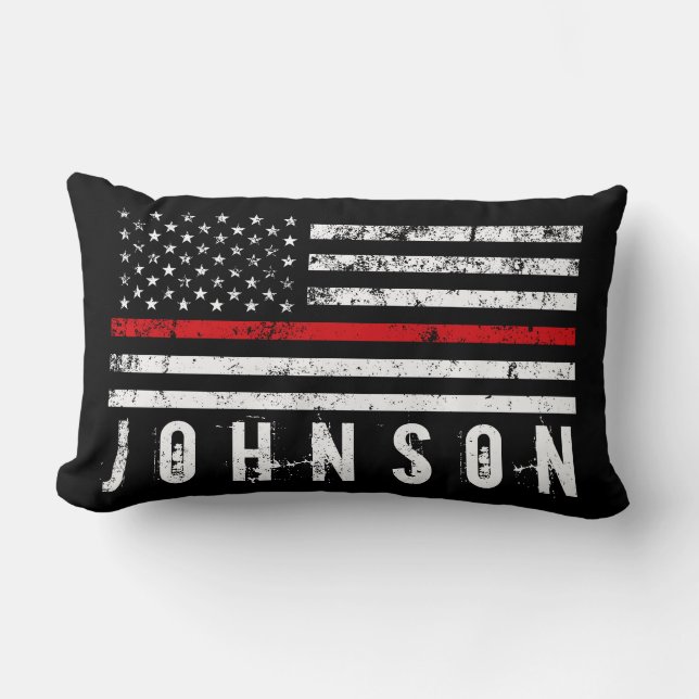 Grungy Fireman Styled American Flag Custom Name Lumbar Cushion (Front)