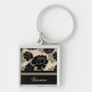 Grungy Floral Decadence Keychain, Ivory Beige Key Ring