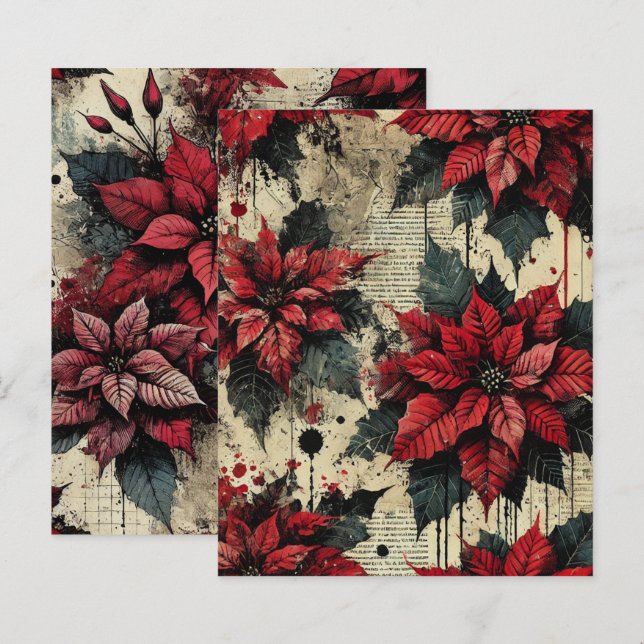Grungy Floral Poinsettia Newsprint Scrapbook Paper (Front/Back)