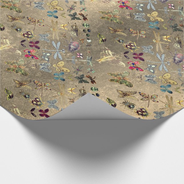 Grungy Gold Meadow Butterfly Insects Gems Diamond Wrapping Paper (Corner)
