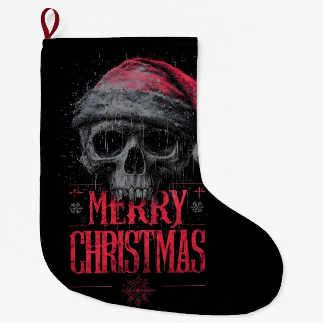 Grungy Gothic Skull Wearing a Distressed Santa Hat Large Christmas Stocking (Front)