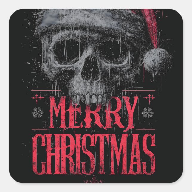 Grungy Gothic Skull Wearing a Distressed Santa Hat Square Sticker (Front)