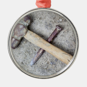 Grungy hammer and chisel metal tree decoration
