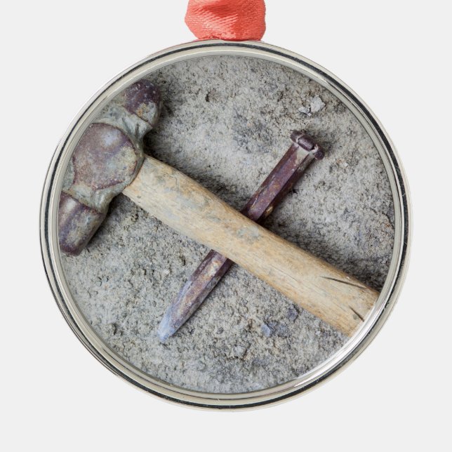 Grungy hammer and chisel metal tree decoration (Front)