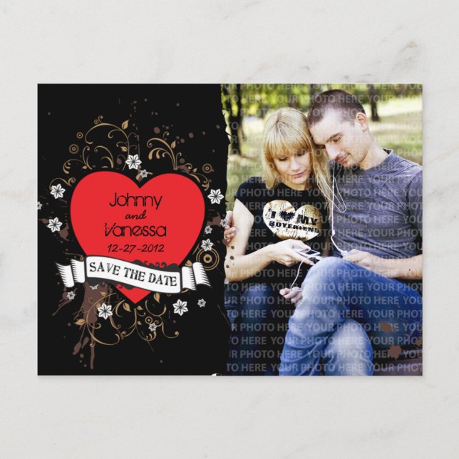Grungy Heart Rock & Roll Photo Save the Date Announcement Postcard (Front)