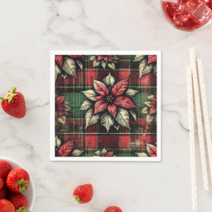 Grungy Poinsettia Plaid Fabric Decoupage Paper Napkin