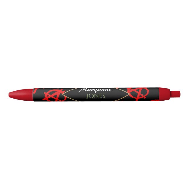 Grungy Red Anarchy Symbol Black Ink Pen (Front)