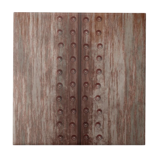Grungy Riveted Rusty Metal Ceramic Tile (Front)