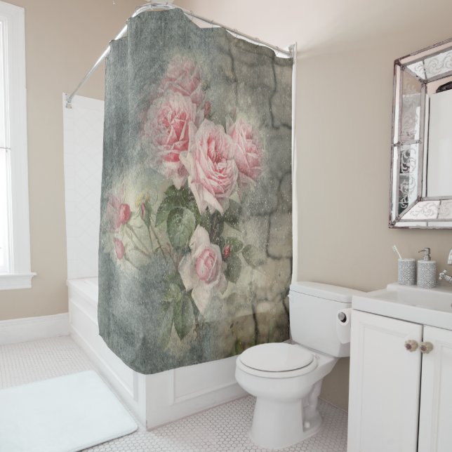 GRUNGY ROSES - Vintage Flowers Shower Curtain (In Situ)