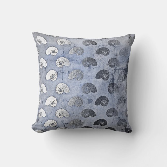 Grungy Silver Grey Blue Seashells Ocean Beach Cushion (Front)