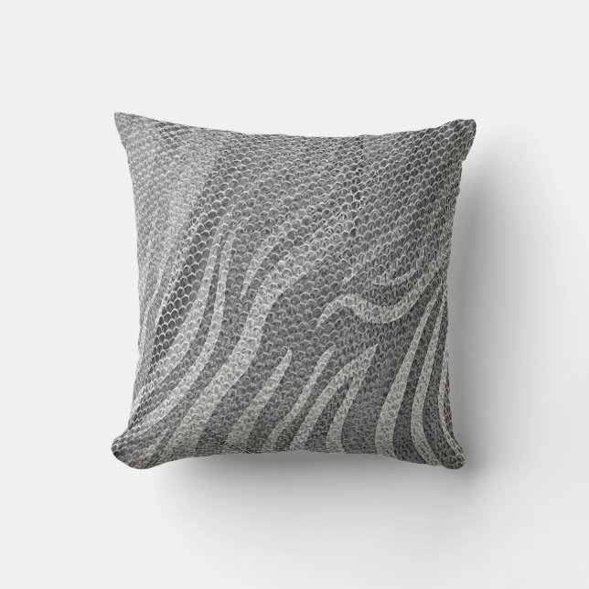 Grungy Silver Sequin Abstract Grey Zebra Texture Cushion (Front)