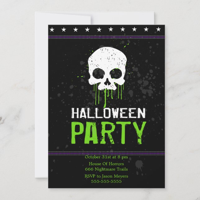 Grungy Skulls Halloween Party Invitations (Green) (Front)