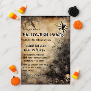 Grungy Spiderweb Skulls and Bare Tree Halloween Invitation