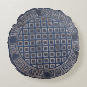 Grungy Telefonica Espanica Manhole Round Cushion