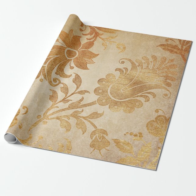 Grungy Vintage Gold Floral Cart Wrapping Paper (Unrolled)