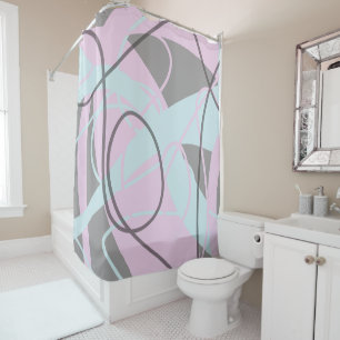 Gry / Taupe, Pink and Light Blue Abstract Modern Shower Curtain