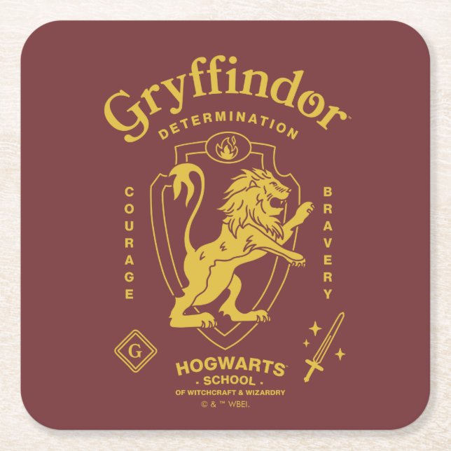 GRYFFINDOR™ Determination Courage Bravery Crest Square Paper Coaster (Front)