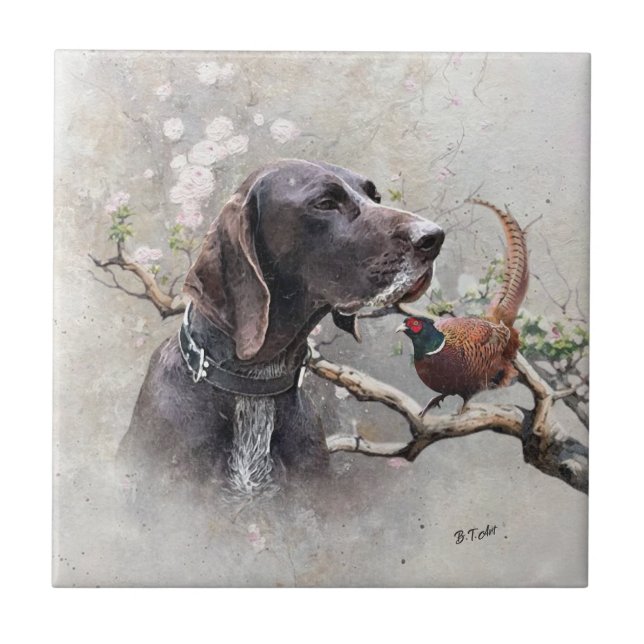 GSP Hunting Art – Precision, Passion, and Pheasant Ceramic Tile (Front)