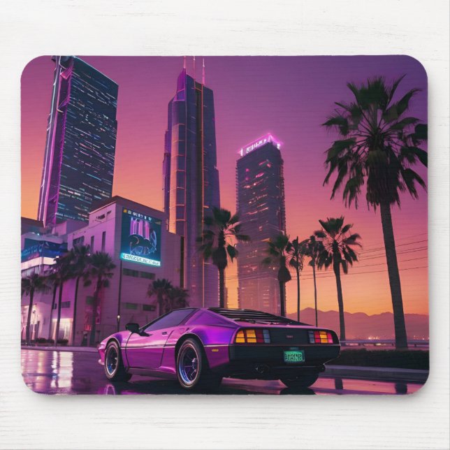 GTA 6 Vibe Mouse Pad – Retro Car in Neon City Suns (Front)