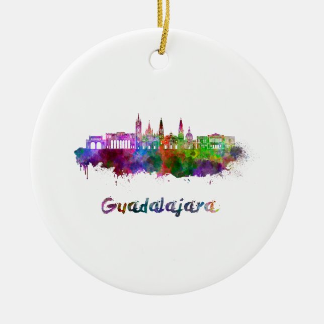 Guadalajara skyline in watercolor ceramic ornament (Front)