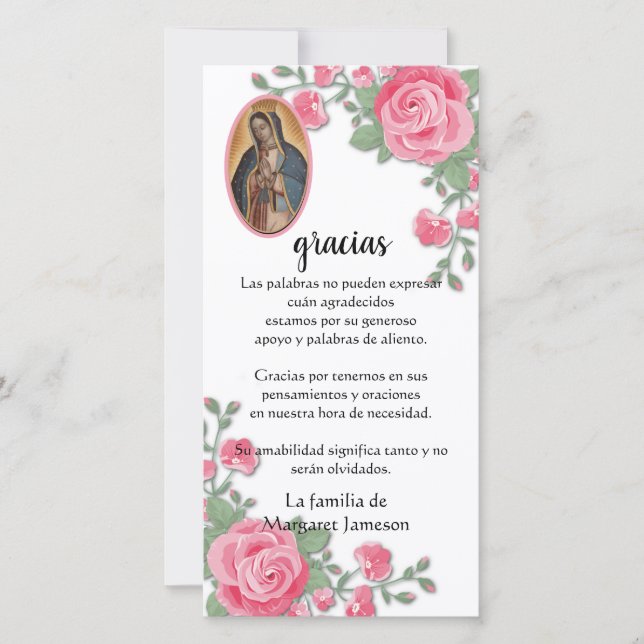 Guadalupe Virgin Mary Funeral Condolence Spanish T Thank You Card (Front)