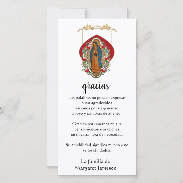 Guadalupe Virgin Mary Funeral Condolence Spanish Thank You Card (Front)