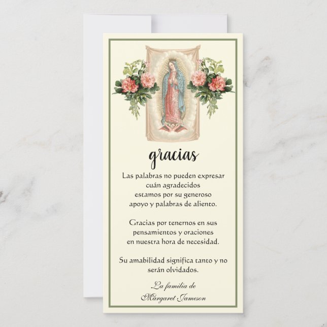 Guadalupe Virgin Mary Funeral Condolence Spanish Thank You Card (Front)