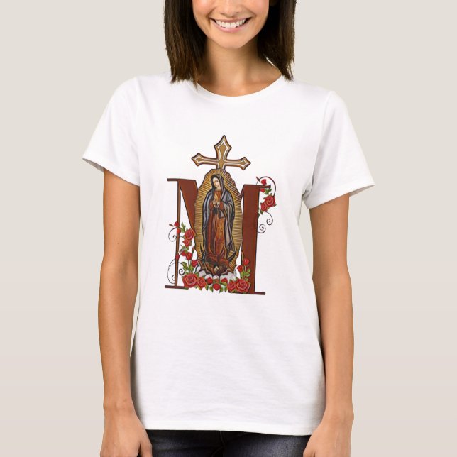 Guadalupe Virgin Mary Red Roses Cross T-Shirt (Front)